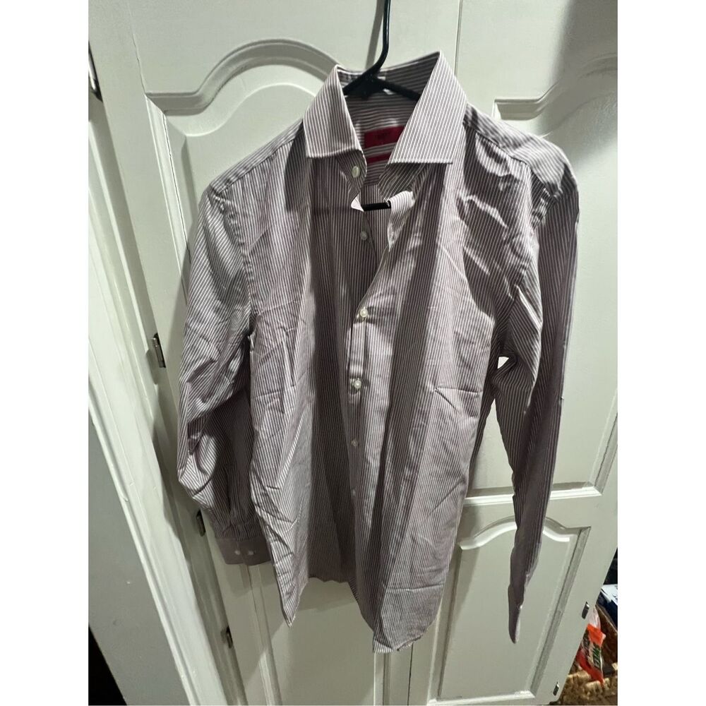 HUGO BOSS Hugo Sharp Fit Dress Shirt 15 32/33 Red White Striped Long Sleeve